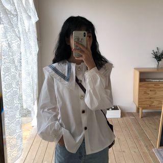 Long-sleeve Sailor Collar Shirt White - One Size