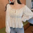 Shirred Ruffled Floral Embroidered Blouse White - One Size