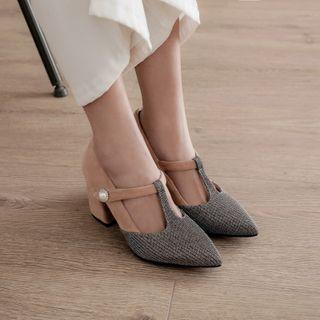 Block Heel T-strap Faux Pearl Mary Jane Pumps