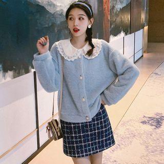 Peter Pan-collar Lace Top / Long-sleeve Faux Furry Plain Cardigan