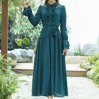 Ruffle Trim Embroidered Long-sleeve Midi A-line Dress