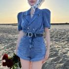 Short-sleeve Double-breasted Denim Romper
