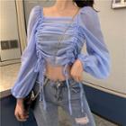 Checked Drawstring Long-sleeve Crop Top Blue - One Size
