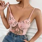 V-neck Butterfly Embroidered Drawstring Cropped Camisole Top