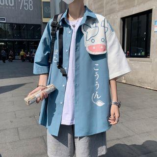 Elbow-sleeve Cow Print Two-tone Shirt