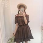 Off-shoulder Short-sleeve A-line Dress Chocolate - One Size
