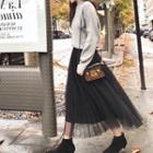 Cut-out Sweater / Mesh Midi A-line Skirt