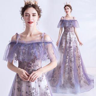Cold Shoulder Embroidered Mesh A-line Gown