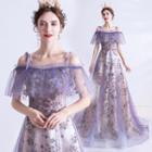 Cold Shoulder Embroidered Mesh A-line Gown