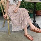 Floral Layered Chiffon Midi A-line Skirt Pink - One Size