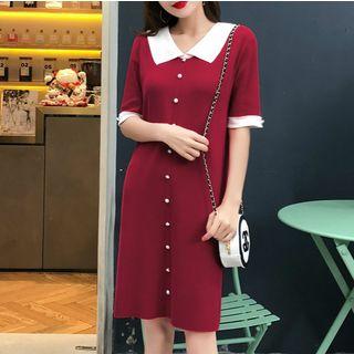 Elbow-sleeve Beaded Collar Dress