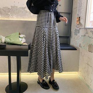 Plaid Midi A-line Skirt Gingham - Black & White - One Size