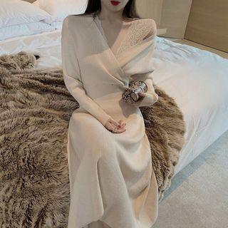 V-neck Lace Panel Midi A-line Sweater Dress