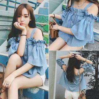 Frill Trim Open Shoulder Short-sleeve Chiffon Top