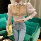 Mock Two-piece Puff-sleeve Knit Panel Crop Shirt