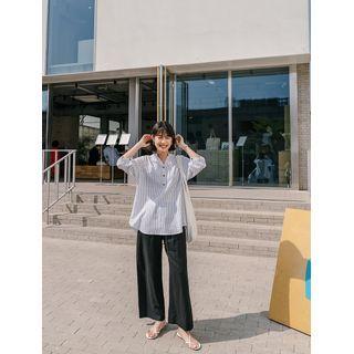 Plus Size Mandarin-collar Striped Long Shirt