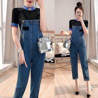 Set: Short-sleeve Ribbed Knit Top + Denim Dungaree
