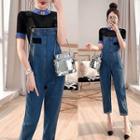 Set: Short-sleeve Ribbed Knit Top + Denim Dungaree