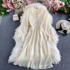 V-neck Plain Puff Long-sleeve Dress