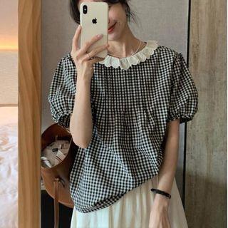 Long-sleeve Lace Plaid Top