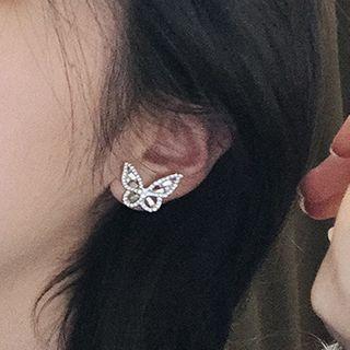 Rhinestone Butterfly Stud Earring 1 Pair - 925 Silver - Silver - One Size