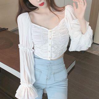 Ruffle Bell-sleeve Crinkle Blouse