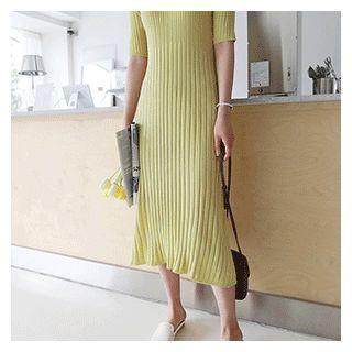 Short-sleeve Rib-knit Dress With Sash