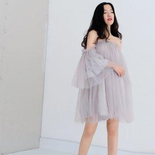 Set: Mesh Off-shoulder A-line Dress + Under Shorts