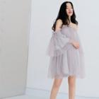 Set: Mesh Off-shoulder A-line Dress + Under Shorts