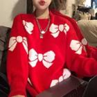 Bow Print Sweater White Bow Print - Red - One Size