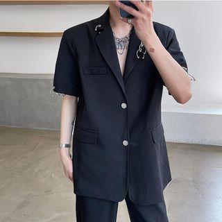 Short-sleeve Metal-accent Button-up Blazer