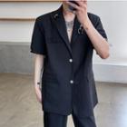 Short-sleeve Metal-accent Button-up Blazer