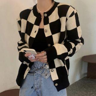 Checkerboard Cardigan Beige & Black - One Size