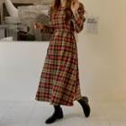 Shirred-sleeve Plaid Dress With Cord