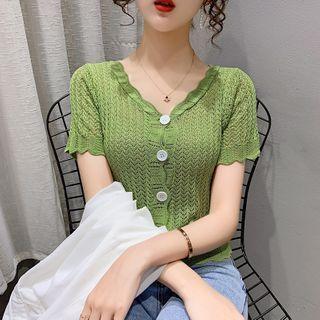 Short-sleeve Button Up Knit Top