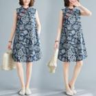 Sleeveless Mandarin Collar Print Midi A-line Dress