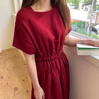 Gathered-waist Linen Blend Dress