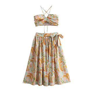 Set: Floral Print Cropped Camisole Top + Midi A-line Skirt