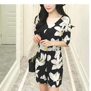 Floral Print Elbow-sleeve Playsuit