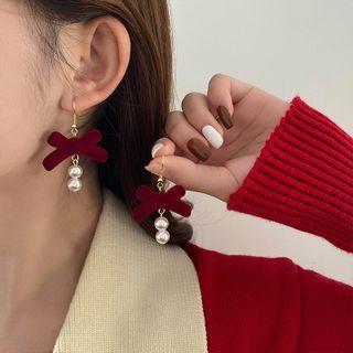 Flocking Bow Faux Pearl Dangle Earring 1 Pair - Red - One Size