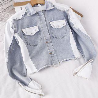 Color Block Cropped Denim Jacket Blue - One Size