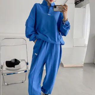 Set: Open-placket Sweatshirt + Letter-embroidered Jogger Pants