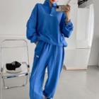 Set: Open-placket Sweatshirt + Letter-embroidered Jogger Pants