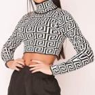 Mock-neck Patterned Long-sleeve Cropped T-shirt