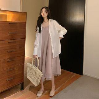 Spaghetti Strap A-line Mesh Dress / Plain Shirt