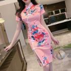 Short-sleeve Floral Print Mini Sheath Qipao Dress