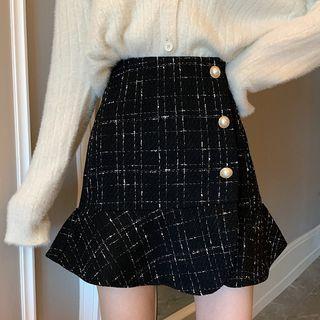 Mermaid Hem Tweed Button-up Mini Skirt