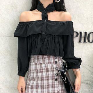 Halter Lantern-sleeve Blouse Black - One Size
