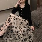 Lace Trim Blouse / Floral Midi A-line Skirt