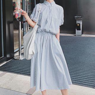 Puff-sleeve Striped Midi Collared Dress